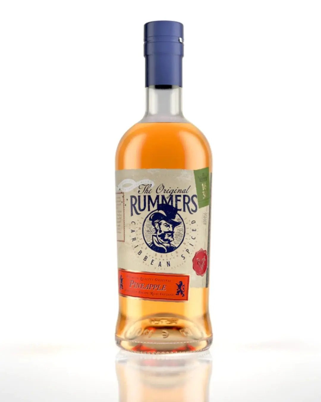 Clear glass bottle filled with amber pineapple rum, featuring a blue cap and a vintage-style label with the text "The Original Rummers" and a portrait.