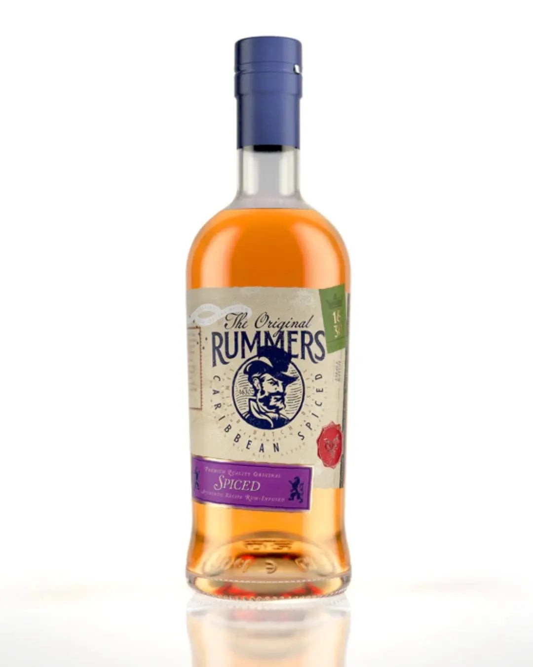Clear glass bottle of The Original Rummers Spiced Rum with a purple label, featuring an illustration of a man and a corked blue cap, containing amber-colored rum.