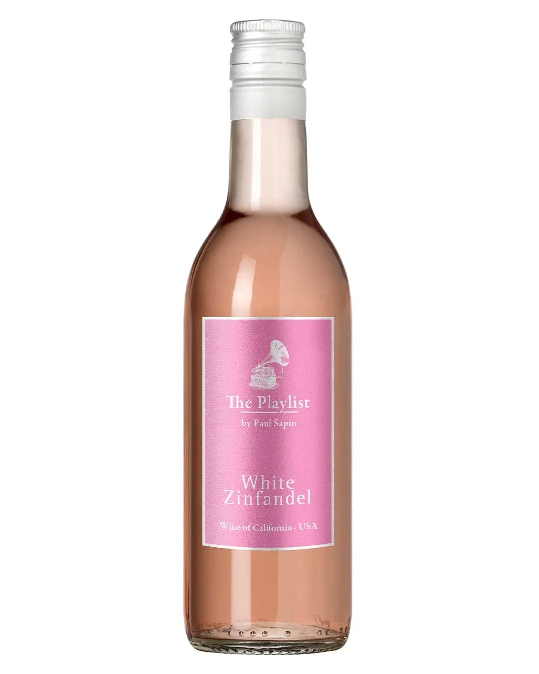 Clear glass bottle filled with light pink White Zinfandel wine, featuring a pink label with white text and a logo, topped with a silver screw cap.