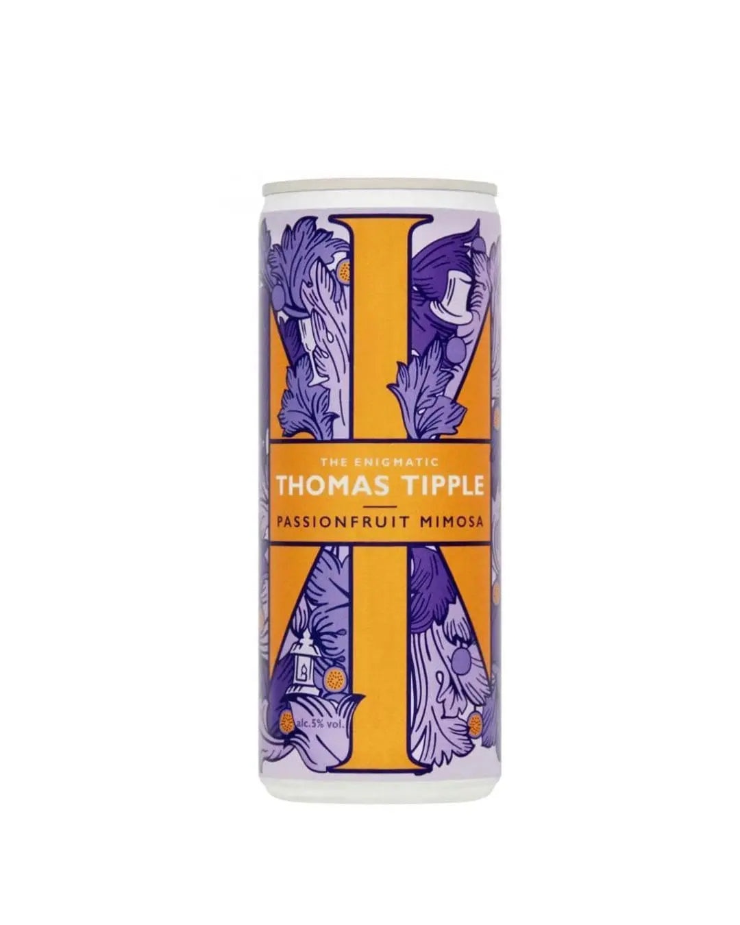 White can featuring vibrant purple and orange designs, labeled "Thomas Tipple Passionfruit Mimosa," with decorative elements and a 250 ml capacity.