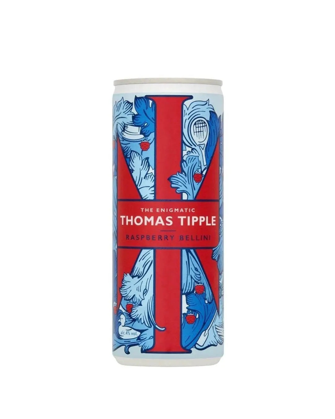 A sleek, white aluminum can featuring vibrant blue and red illustrations, prominently displaying "Thomas Tipple Raspberry Bellini" in bold red text on a white background.