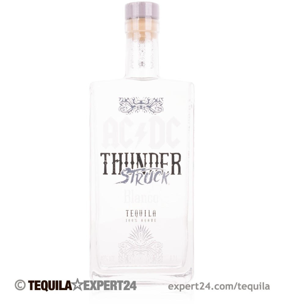 Clear glass bottle of Thunderstruck Blanco Tequila by AC/DC, featuring a sleek design with a silver label and black text, capped with a wooden stopper.