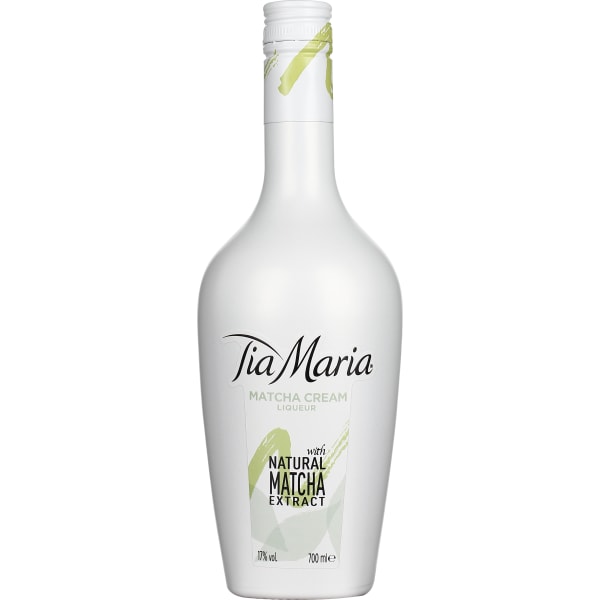 Tia Maria Matcha Cream Liqueur bottle, 70 cl, features a sleek white design with green matcha accents and bold black text highlighting "Natural Matcha Extract."