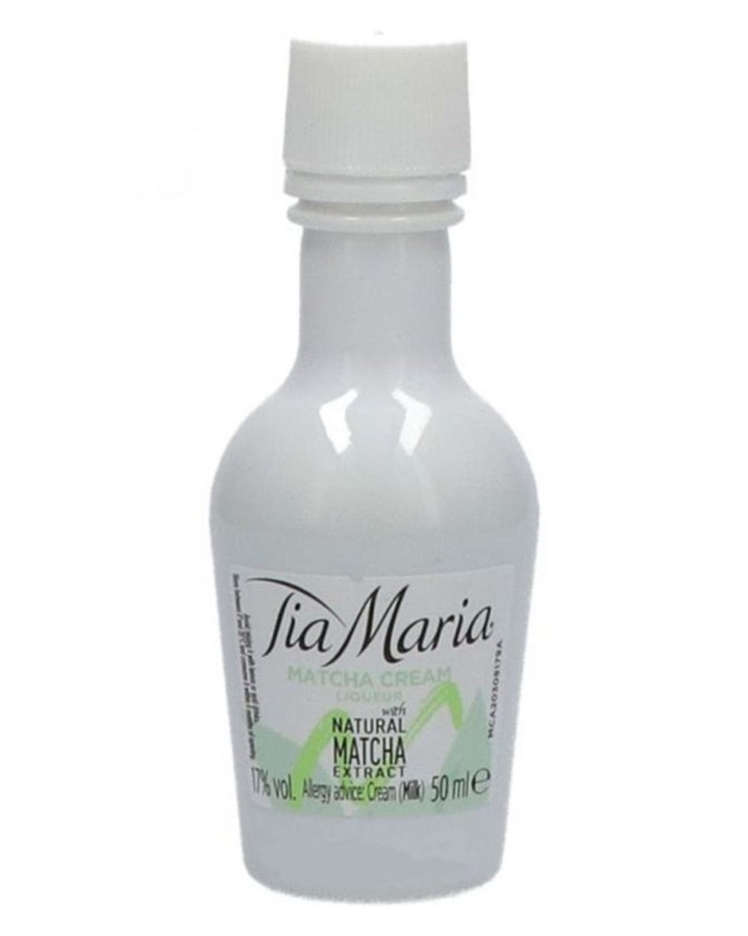 Tia Maria Matcha Liqueur miniature bottle, 5 cl, features a white plastic container with a screw cap, labeled with green accents and the brand name in elegant script.
