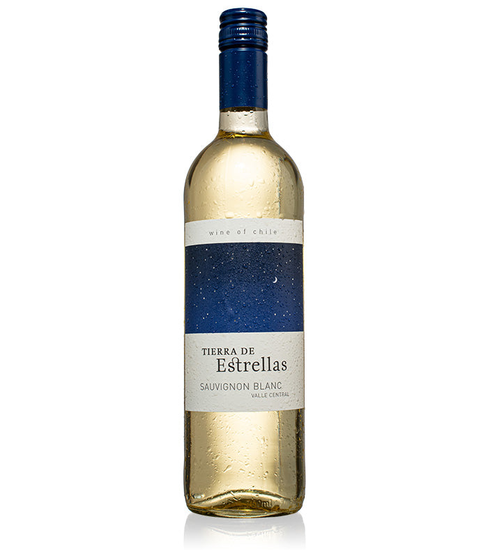 Clear glass bottle of Tierra De Estrellas Sauvignon Blanc, featuring a blue and white label, with a blue cap, and a light golden liquid inside.