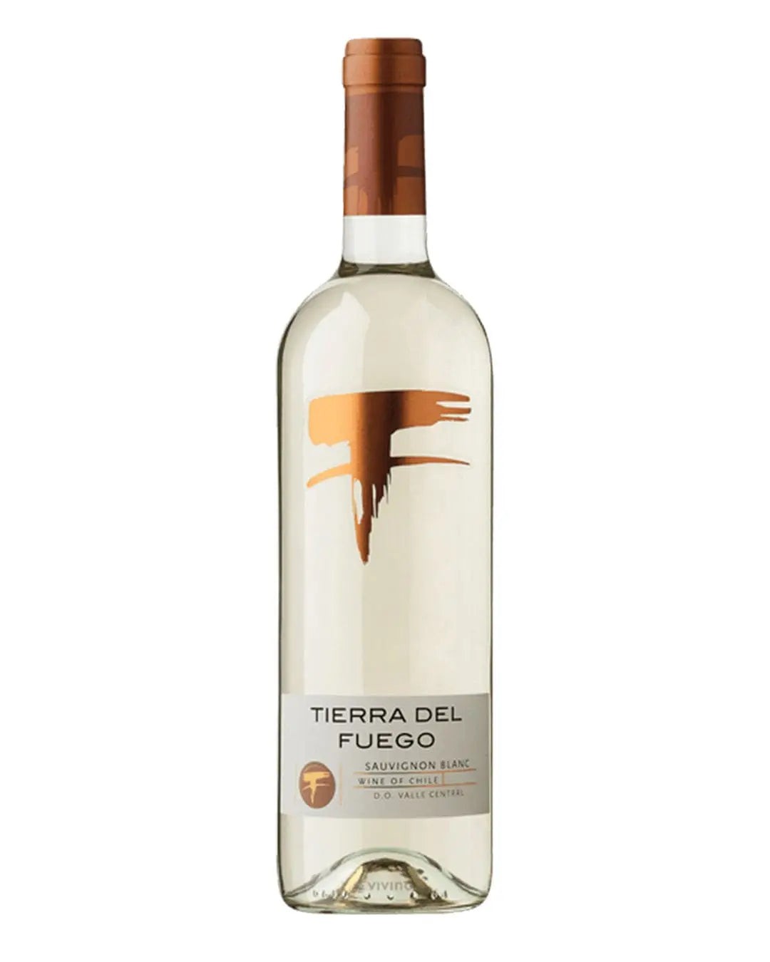 Clear glass bottle of Tierra Del Fuego Sauvignon Blanc, featuring a minimalist design with a copper logo and label, containing 75 cl of white wine.