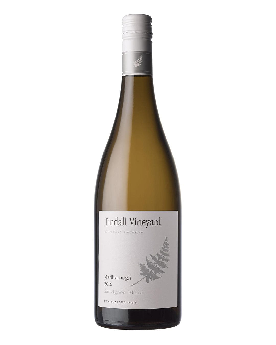Clear glass bottle of Tindall Sauvignon Blanc 2019, featuring a white label with green fern design, silver text, and a cork top, showcasing a light yellow wine inside.