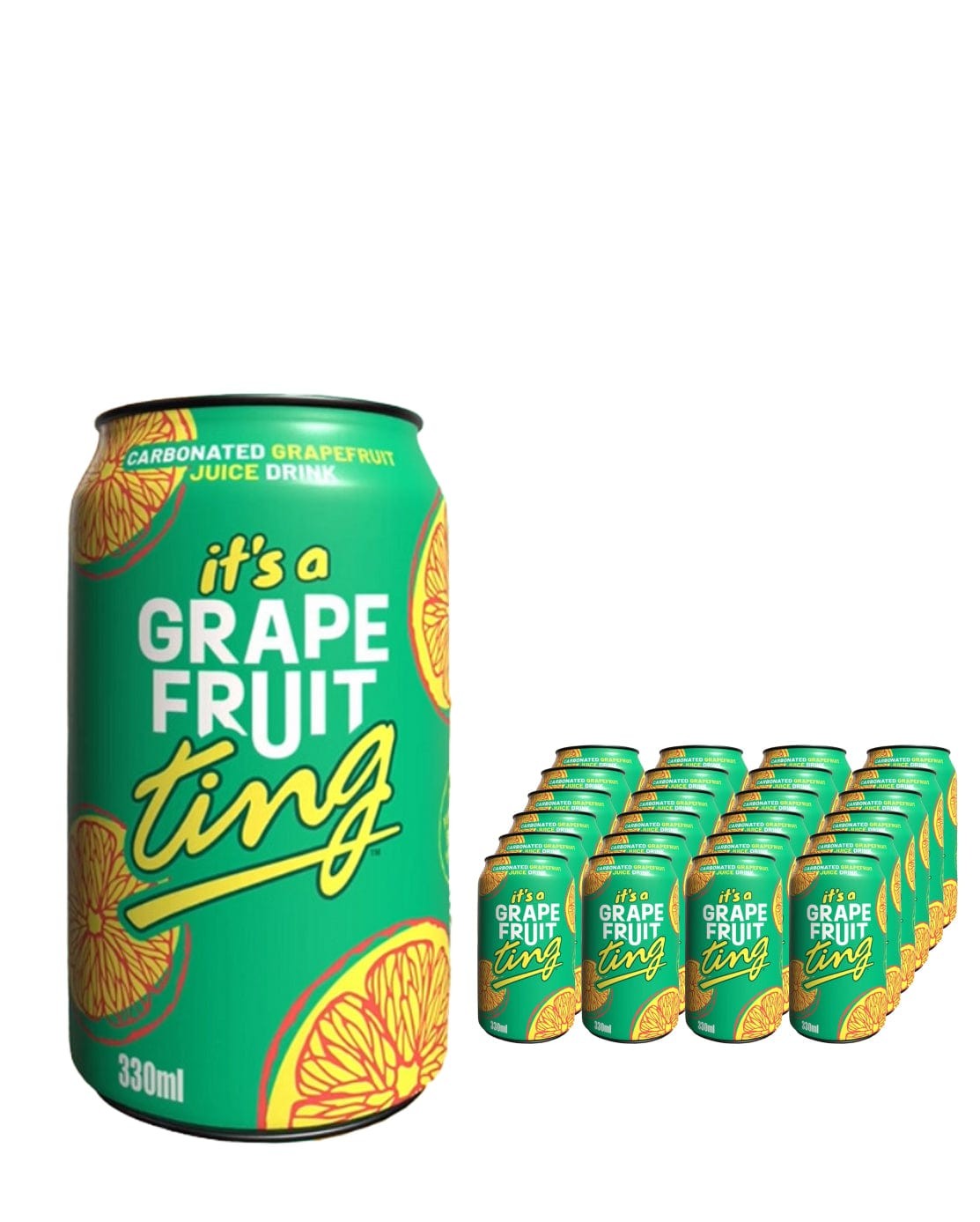 Bright green cans of Ting Grapefruit Crush, featuring vibrant orange grapefruit slices and bold text, arranged in a 24-pack, each can is 330 ml.