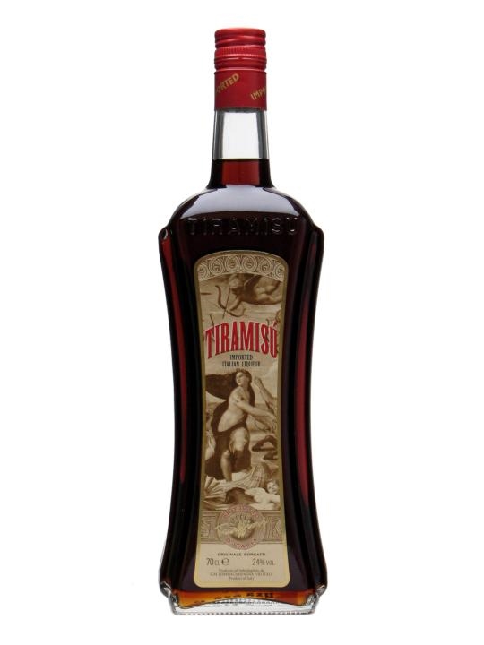 Tiramisu Liqueur bottle, 70 cl, featuring a curved glass design, rich brown liquid, ornate label with vintage artwork, and a red screw cap.