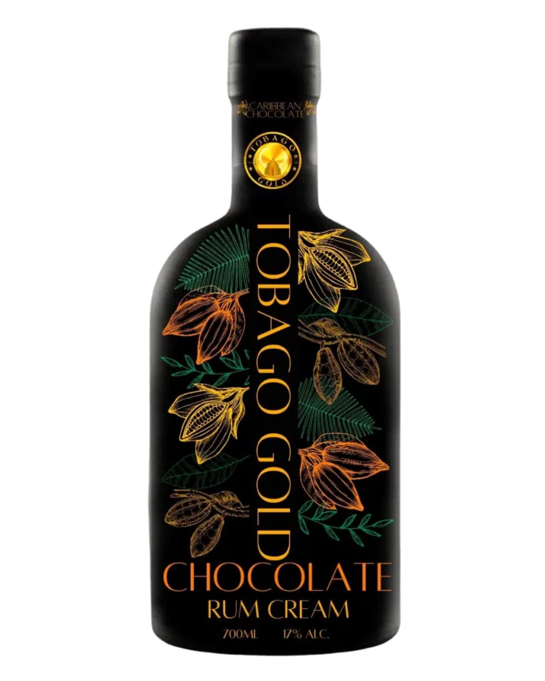 Tobago Gold Chocolate Rum Cream Liqueur bottle features a sleek black design with gold and orange cocoa pod illustrations, labeled prominently with "Tobago Gold" and "Chocolate Rum Cream."