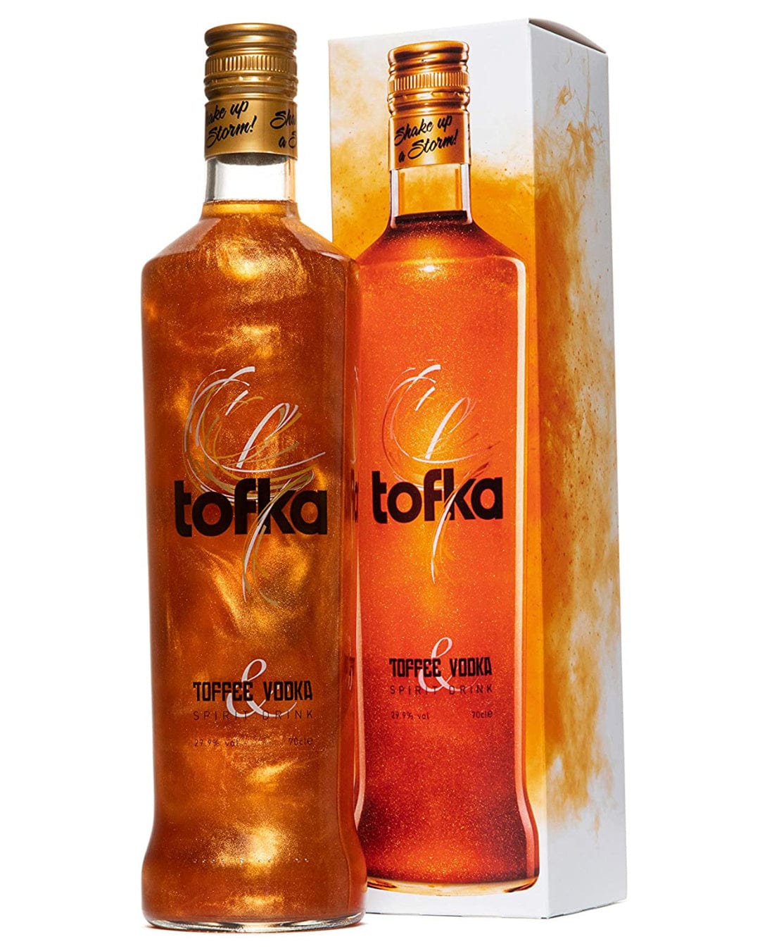 Clear bottle of Tofka Toffee Vodka with a golden toffee-colored liquid, featuring a sleek design and gold accents, alongside a matching box with a vibrant orange and gold theme.