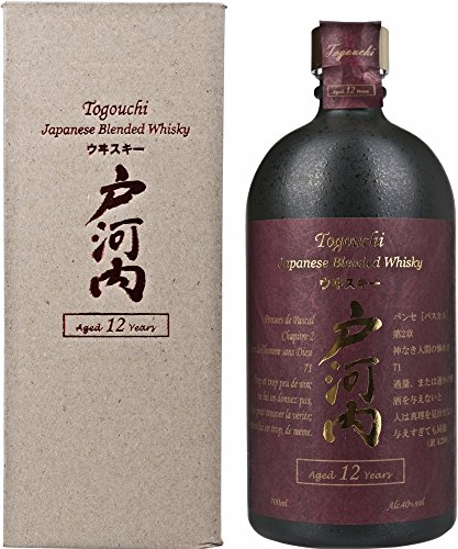Togouchi Premium Blended Japanese Whisky 12 Year Old in a dark glass bottle with a maroon label, presented in a beige cardboard box featuring gold text and elegant design elements.