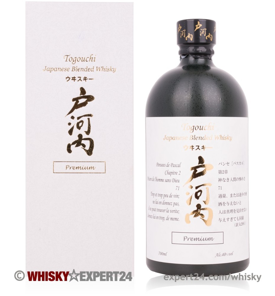 Togouchi Premium Blended Whisky features a sleek black bottle with gold accents, accompanied by a white box displaying Japanese characters and elegant typography.
