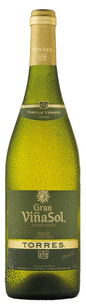 Clear glass bottle of Torres Gran Vina Sol Chardonnay, 75 cl, featuring a green label with gold accents and a textured surface, topped with a gold foil cap.