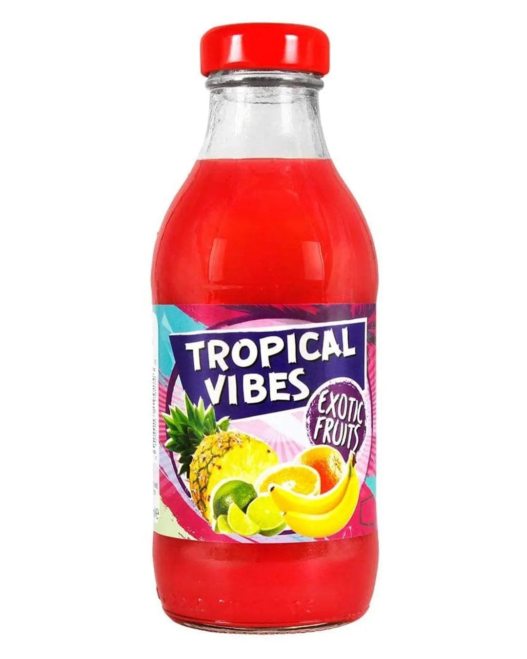 Bright red bottle with a red cap, featuring a colorful label that reads "Tropical Vibes Exotic Fruits," showcasing images of pineapple, lime, and banana.