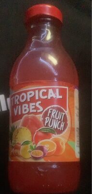Bright red plastic bottle of Tropical Vibes Fruit Punch, featuring a colorful label with fruit illustrations and the text "Tropical Vibes Fruit Punch" prominently displayed.