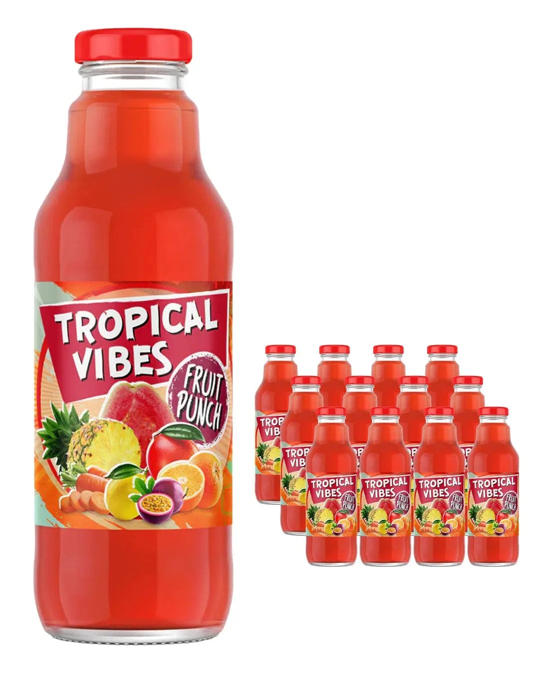 Tropical Vibes Fruit Punch multipack featuring twelve 532 ml bottles, each with a vibrant red liquid and colorful fruit illustrations on the label.