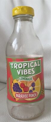 Clear glass bottle with a yellow cap, featuring a colorful label that reads "Tropical Vibes Lemonade Paradise Punch," showcasing tropical fruits and vibrant colors.