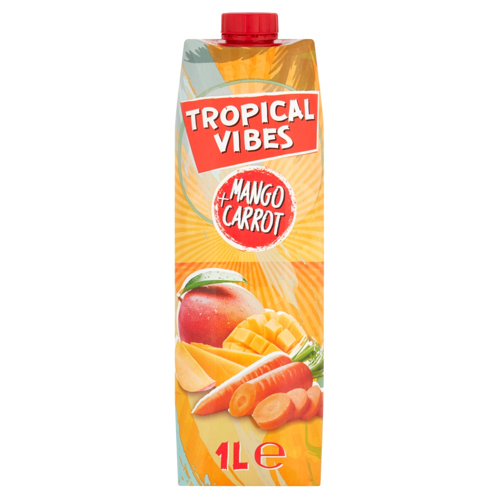 Brightly colored juice carton featuring "Tropical Vibes" branding, with images of mangoes and carrots, and a red cap, labeled as "Mango Carrot" and containing 1 liter.