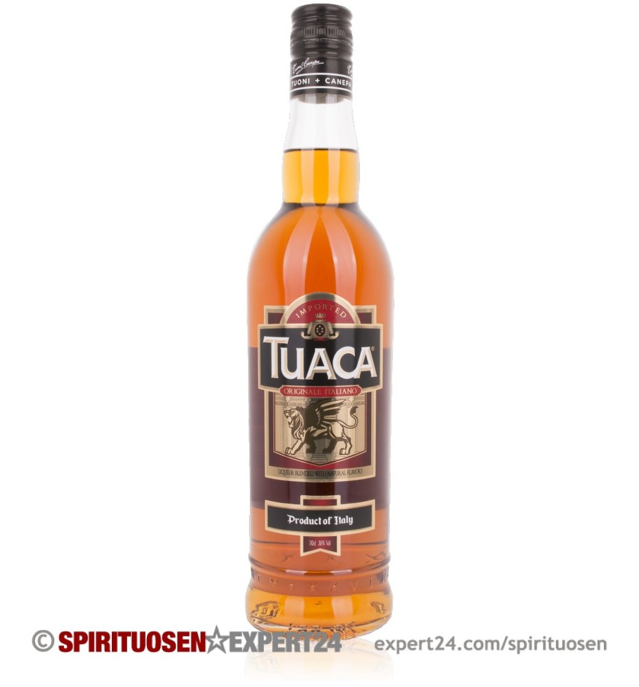 Clear glass bottle of Tuaca Liqueur with a gold and black label, featuring a lion emblem and a corked top, filled with amber-colored liquid.