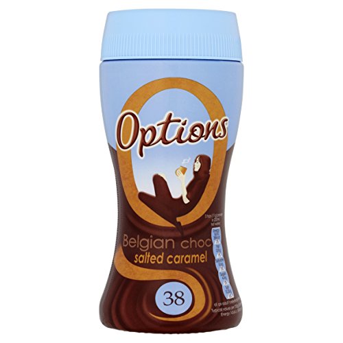 Brown and blue container of Options Belgian Choc Salted Caramel, 220g, featuring a silhouette of a person enjoying a drink and a prominent "38" label.