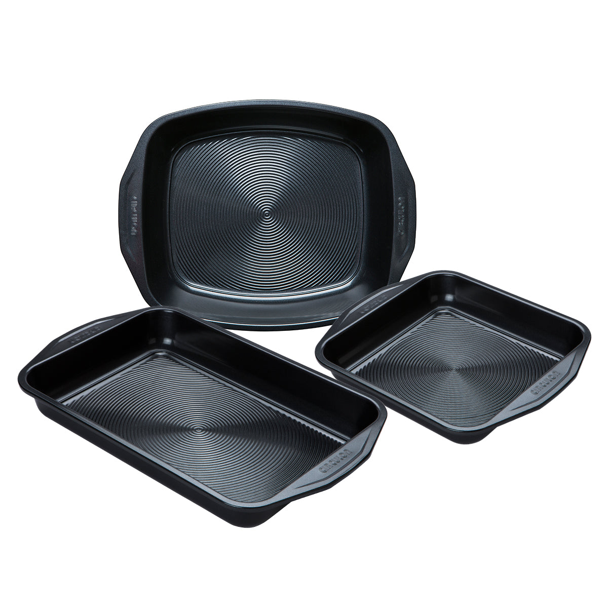 Three-piece set of black non-stick roasting and baking pans with a textured surface, featuring a large rectangular pan and two smaller square pans.