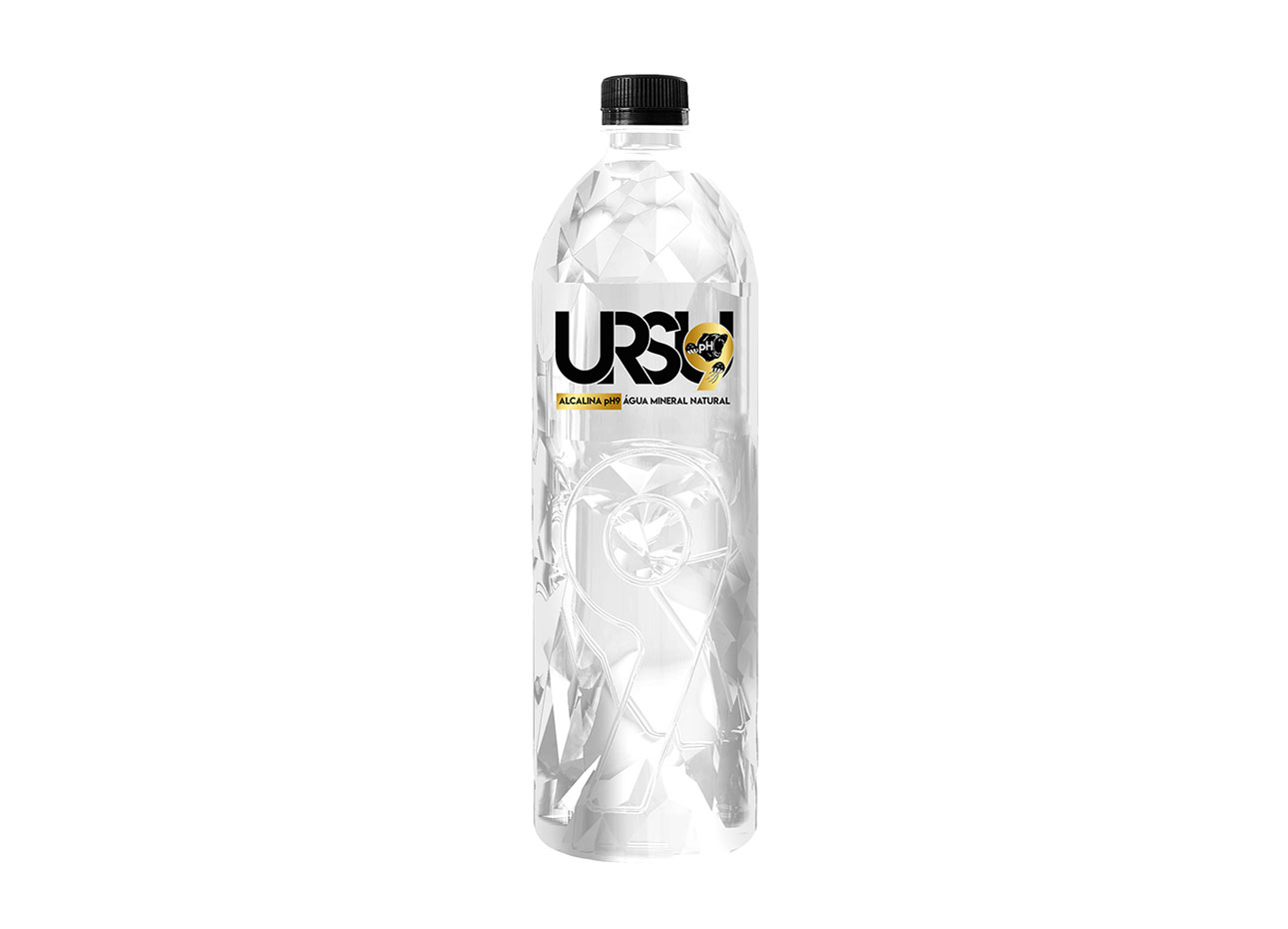 Clear plastic bottle of Ursu Alkaline Natural Mineral Water, featuring a geometric design, labeled prominently with "URSU" and details about its alkaline properties.