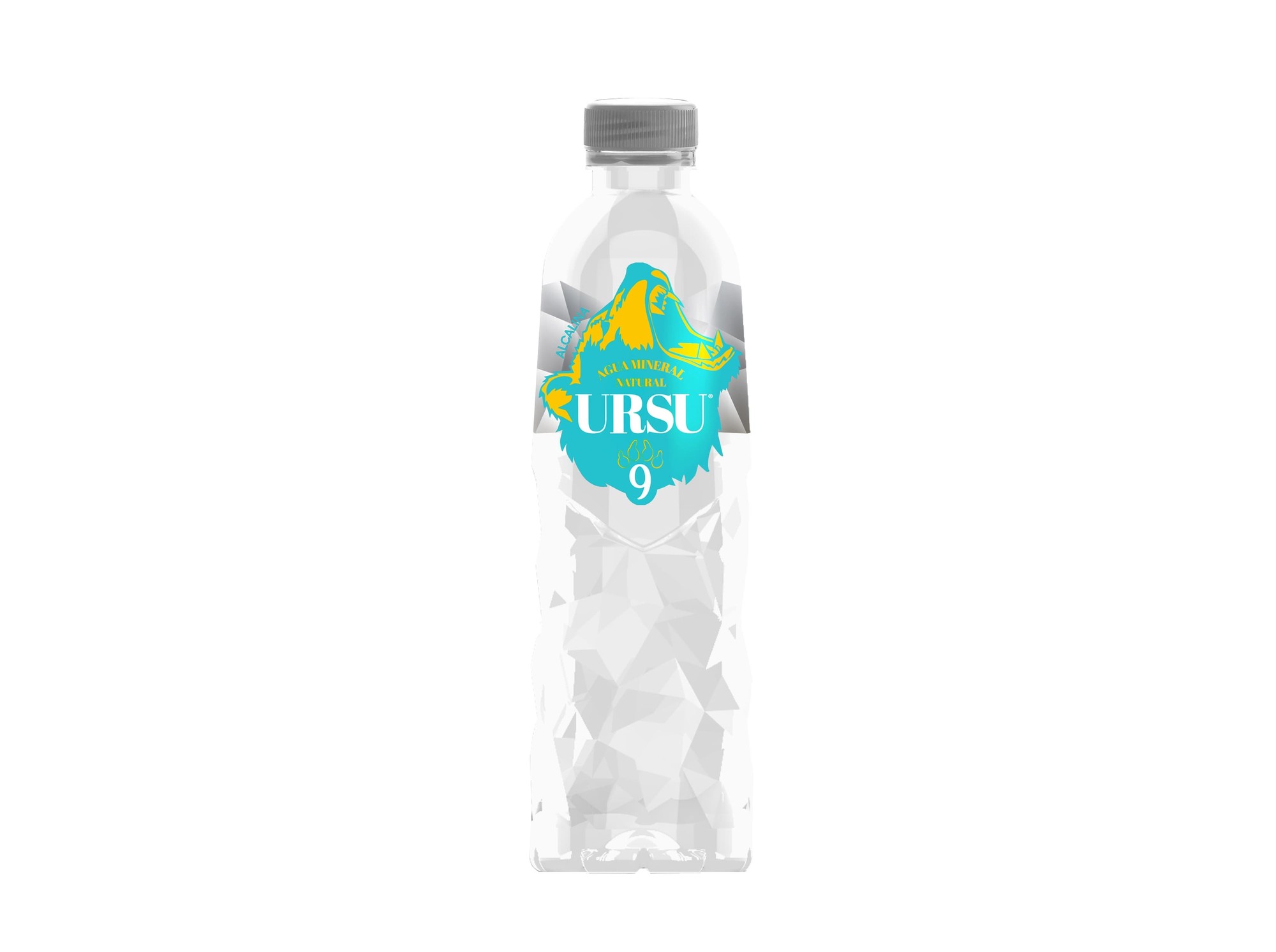 Clear plastic bottle of Ursu Alkaline Natural Mineral Water, featuring a blue and yellow label with mountain graphics, in a multipack of six 500 ml bottles.