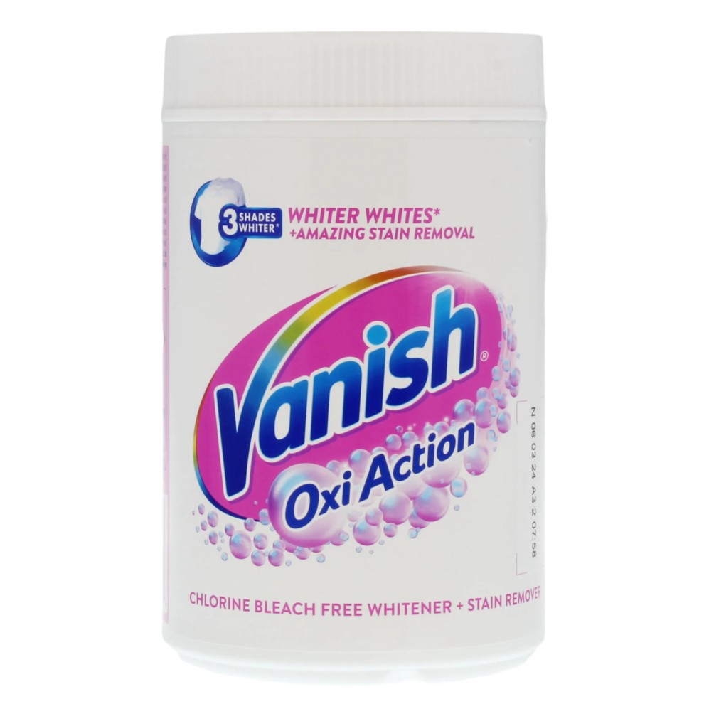 White plastic container of Vanish Oxi Action Whitener & Fabric Stain Remover, featuring a colorful label with pink and blue accents, highlighting stain removal and whitening benefits.