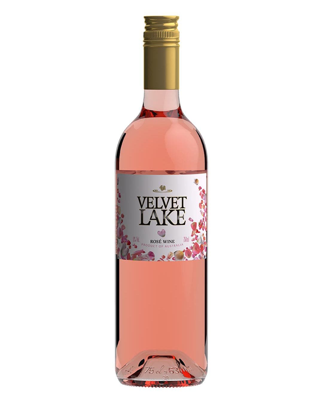 Clear glass bottle of Velvet Lake Rosé wine, 75 cl, featuring a soft pink liquid, a decorative label with floral accents, and a gold screw cap.
