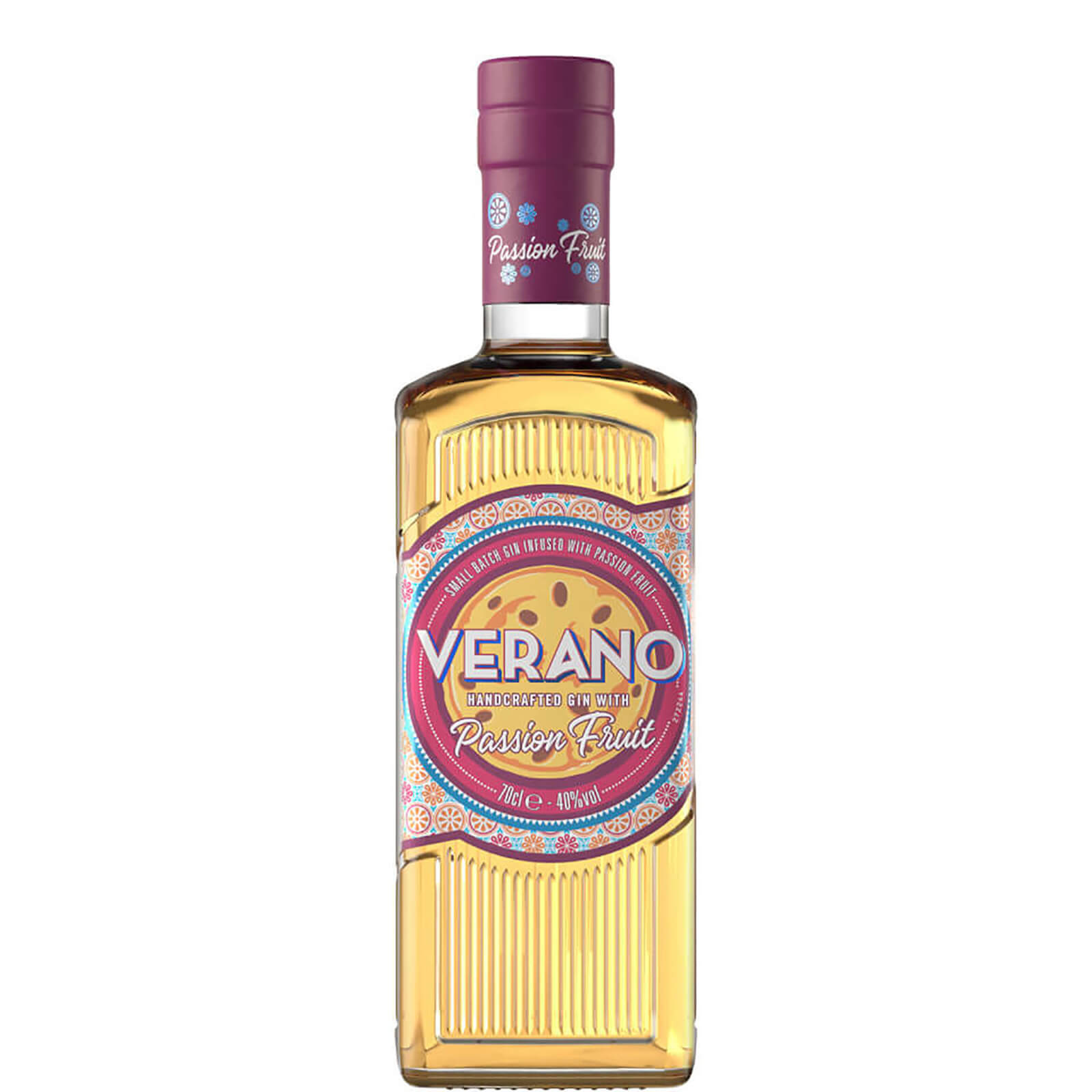 Clear glass bottle of Verano Passion Fruit Gin, 70 Cl, featuring a vibrant label with colorful designs and the text "VERANO Passion Fruit" in bold, playful font.