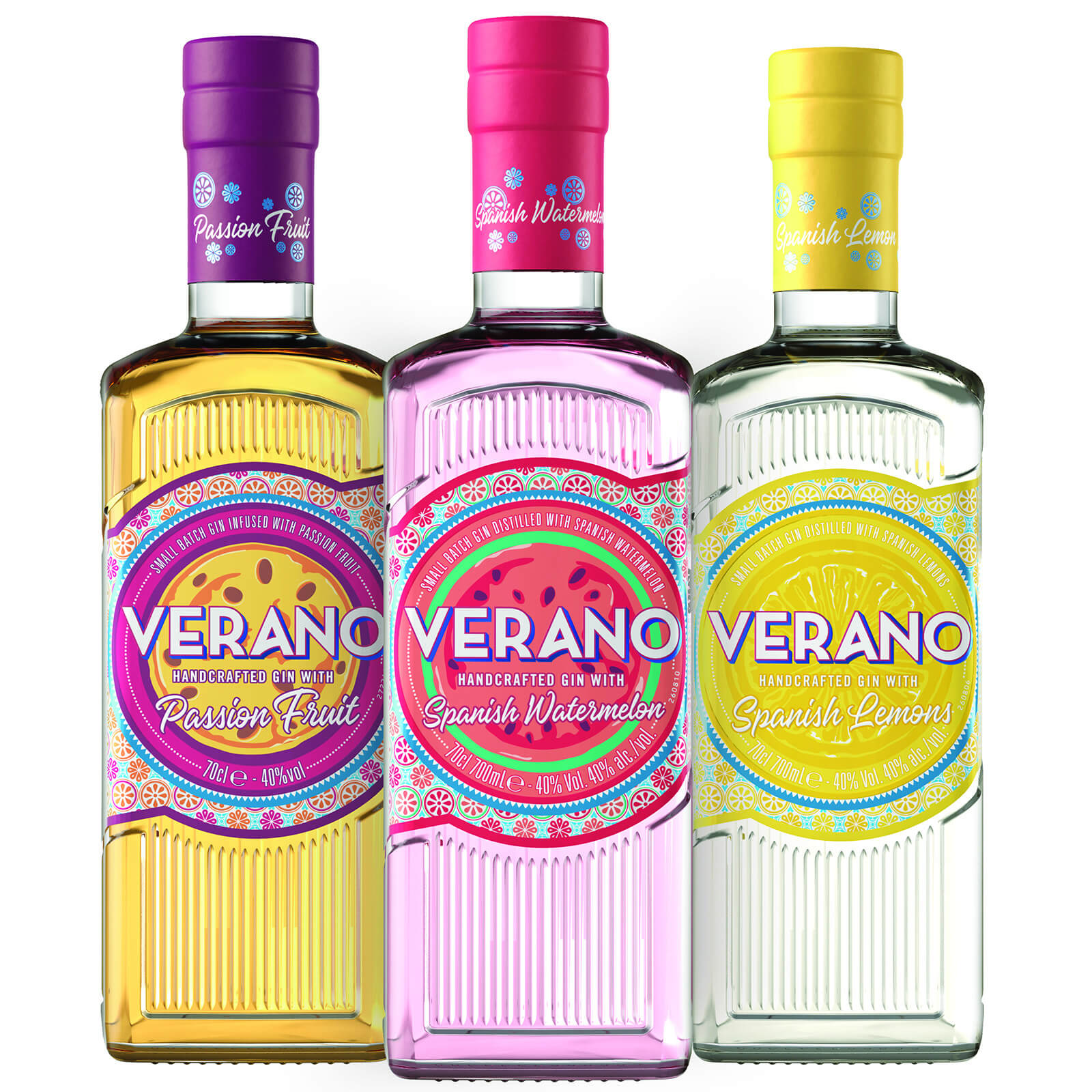 Three bottles of Verano gin: a yellow bottle labeled "Passion Fruit," a pink bottle labeled "Spanish Watermelon," and a clear bottle labeled "Spanish Lemons," each with colorful designs.
