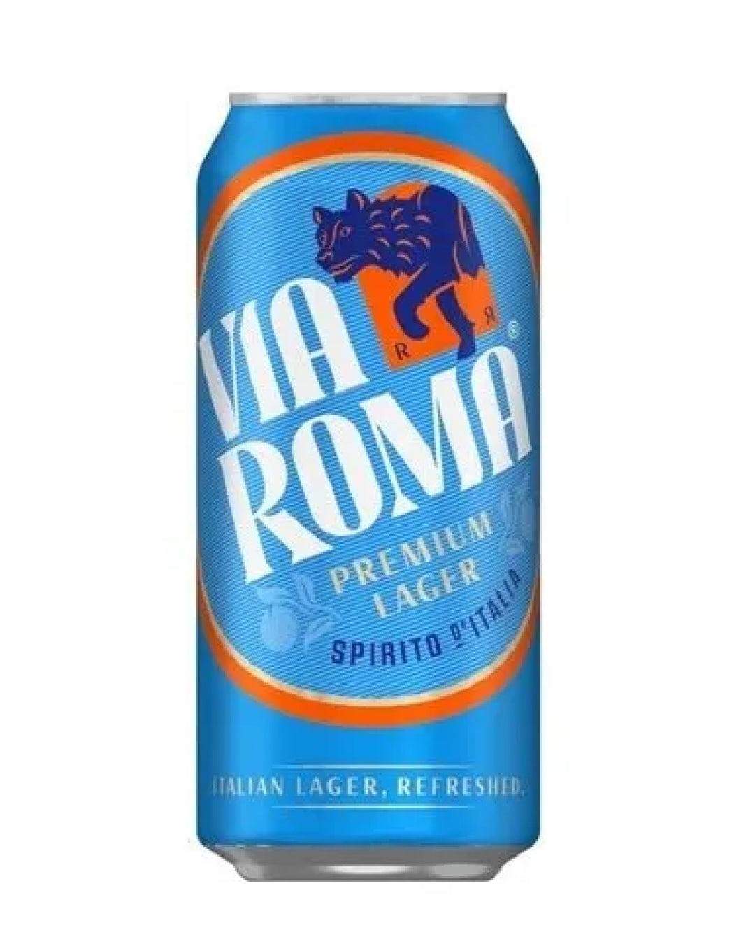 Bright blue can featuring the "Via Roma" logo in bold white letters, with an orange accent and a graphic of a cat, labeled as "Premium Lager" and "Spirito d'Italia."