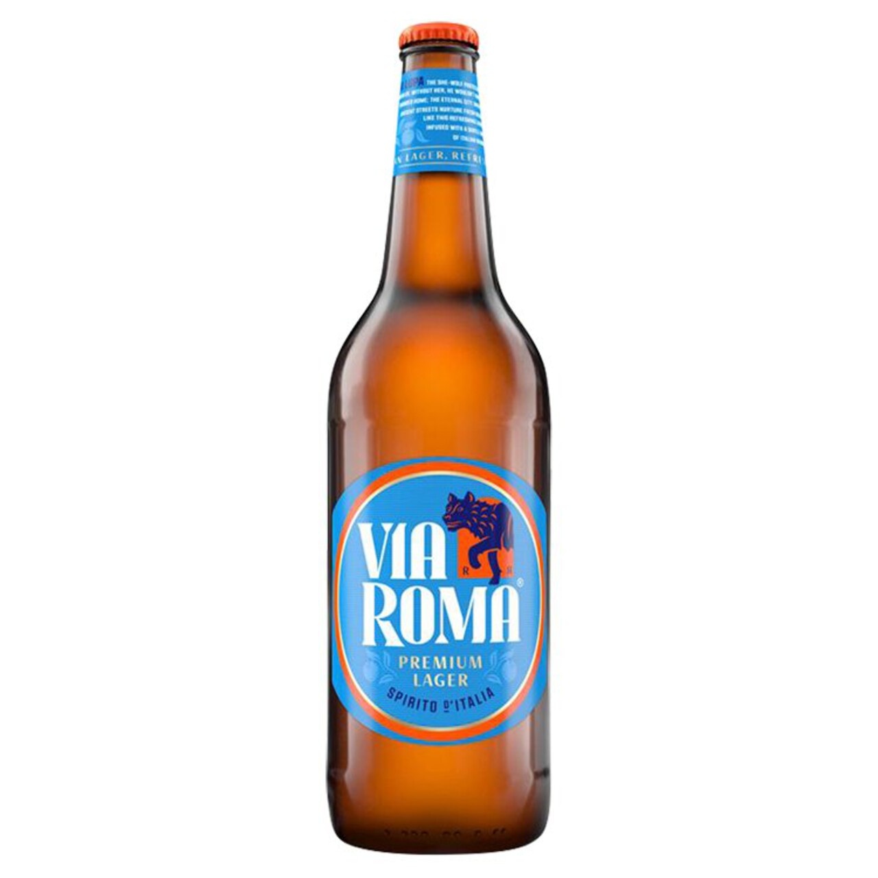 Twelve 660 ml bottles of Via Roma Premium Lager Beer, featuring a clear glass design, blue and orange label with a lion logo, and a blue cap.