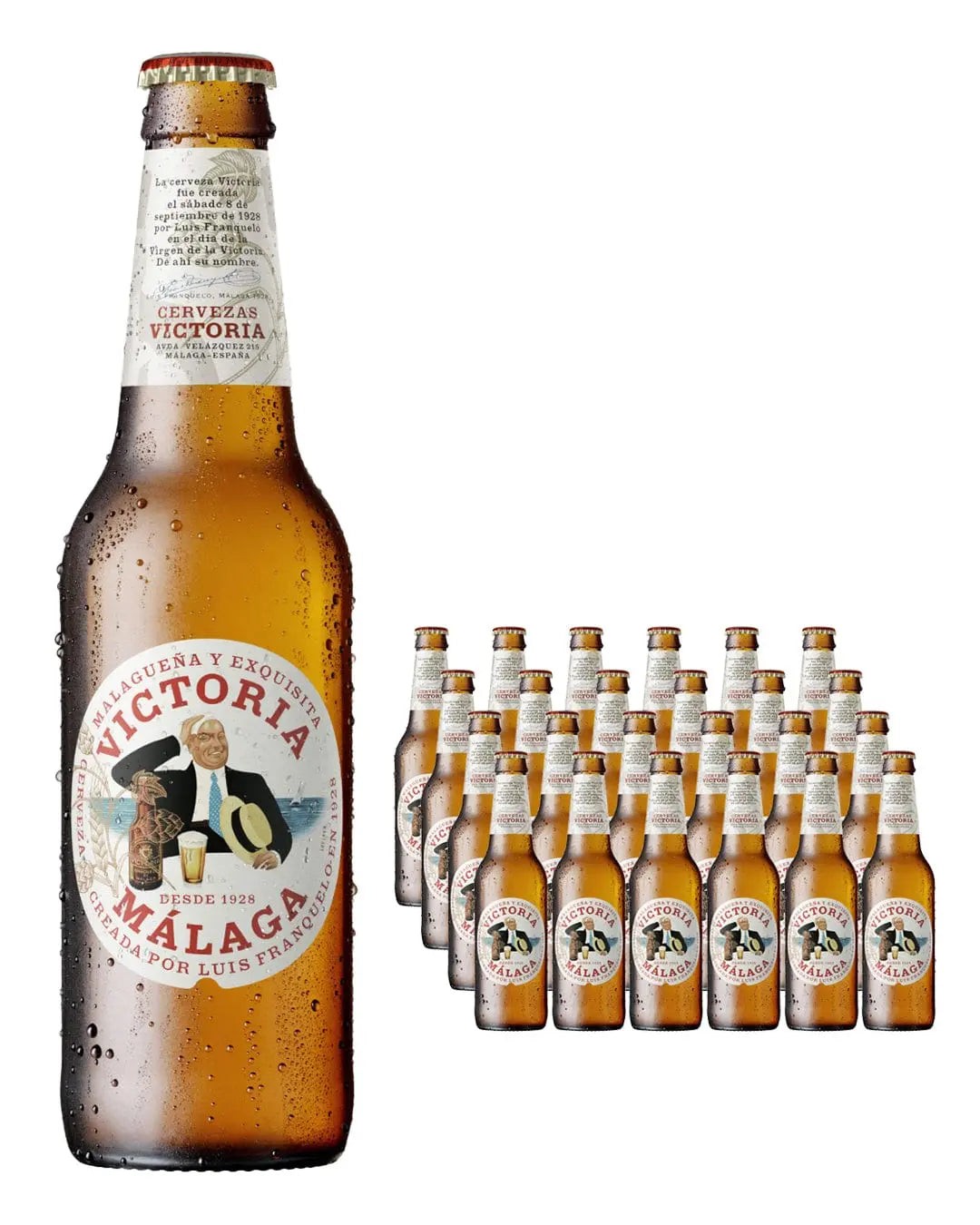 Victoria Malaga Wheat Beer multipack featuring 24 bottles, each with a distinctive brown glass design, white label, and gold accents, showcasing a classic and refreshing look.