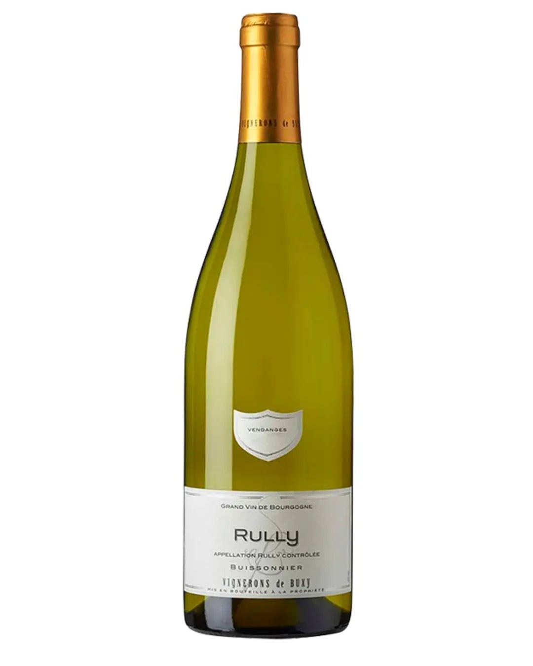 Clear glass bottle of Vignerons De Buxy Rully Plantenay white wine, featuring a gold foil cap, elegant label with white and gray text, and a slender, tall shape.