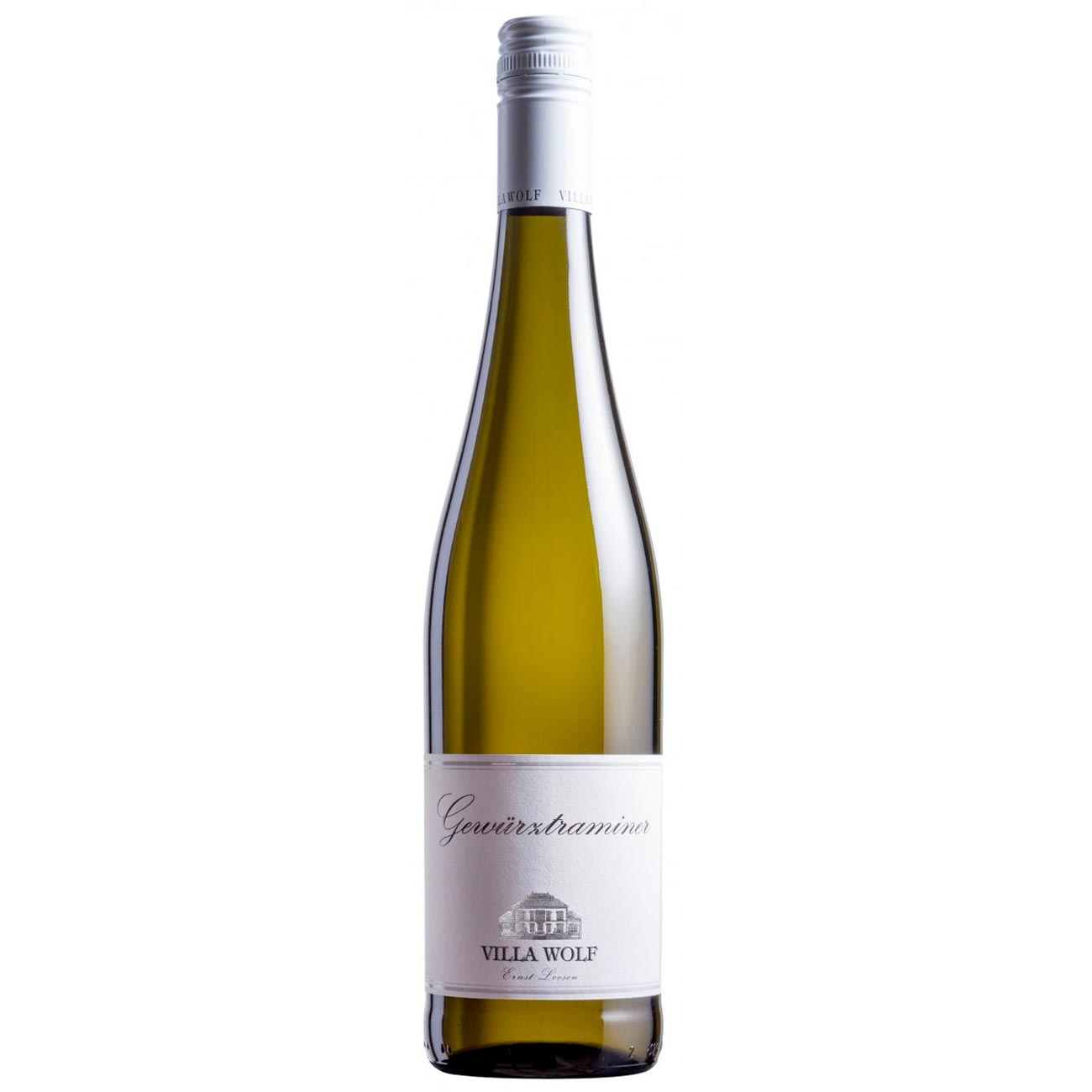 Clear glass bottle of Villa Wolf Gewurztraminer, 75 cl, featuring a white label with elegant black text and a classic winery illustration, topped with a silver screw cap.