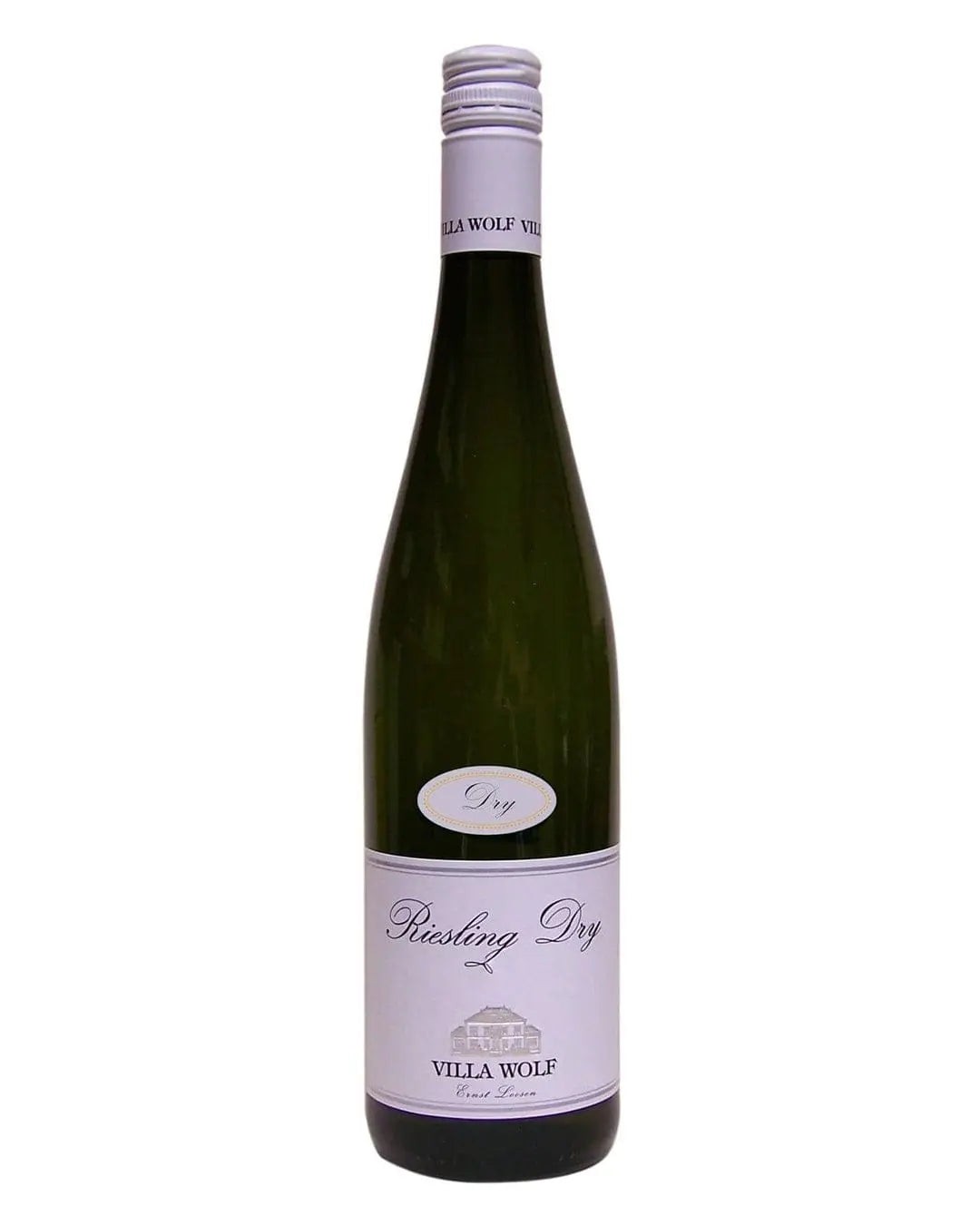 Clear glass bottle of Villa Wolf Riesling Dry 2023, featuring a sleek design, white label with elegant text, and a silver screw cap, holding 75 cl of white wine.