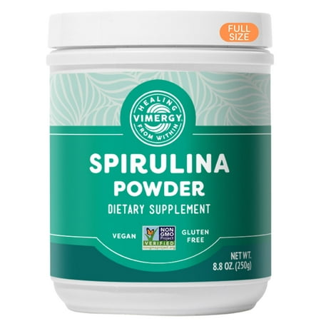 Vimergy Spirulina Powder in a white container with a green label, featuring "Spirulina Powder" in bold text, marked as vegan, gluten-free, and non-GMO, containing 8.8 oz.