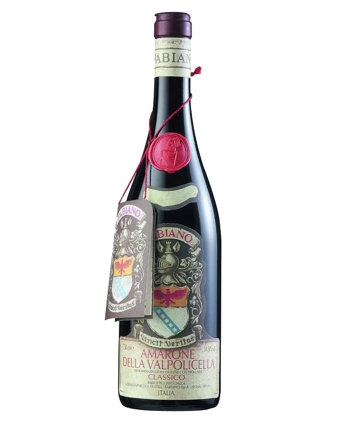 A dark green glass bottle of Vini Fabiano Amarone Della Valpolicella 2020, featuring a vintage label with ornate text, a wax seal, and a decorative tag attached by red string.