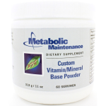 White plastic container with a blue and green label, featuring the text "Metabolic Maintenance," "Custom Vitamin/Mineral Base Powder," and a leaf graphic, 14 oz size.