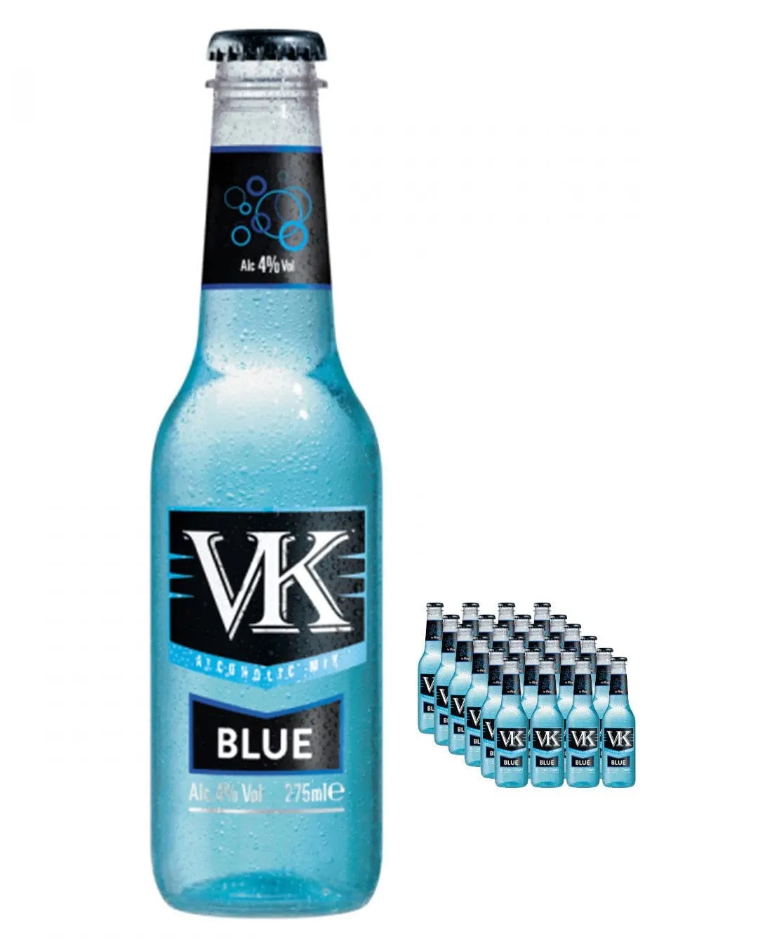 VK Blue multipack featuring 24 glass bottles, each 275 ml, with a vibrant blue liquid, black and white labeling, and a 4% alcohol content.