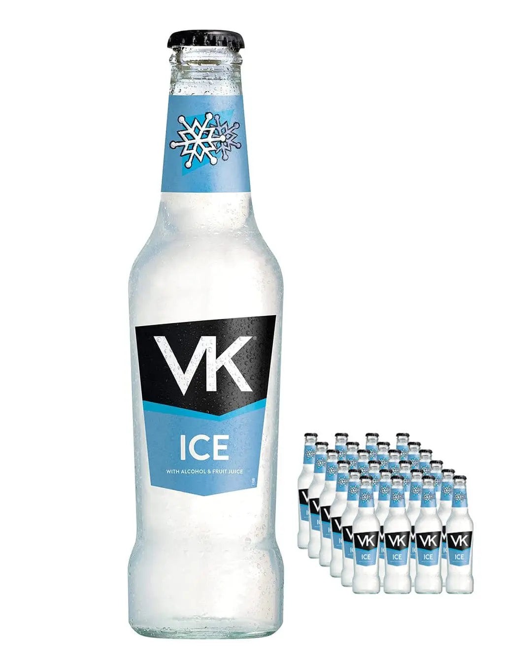 Clear glass bottle of VK Ice cocktail with a blue label featuring a snowflake, surrounded by a pack of 24 bottles, each 275 ml, showcasing a refreshing drink.