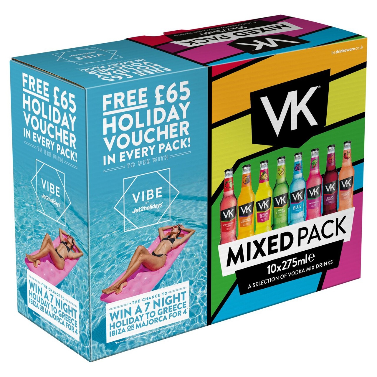 Brightly colored box featuring the VK logo, containing 10 cans of mixed vodka drinks, each 275 ml, with a promotional offer for a holiday voucher and a chance to win a trip.
