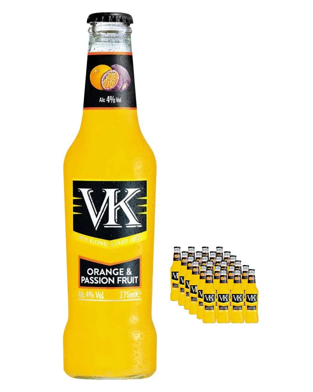 VK Orange & Passion Fruit multipack featuring 24 bottles, each 275 ml, with a vibrant yellow beverage and a black label displaying the brand name and flavor.