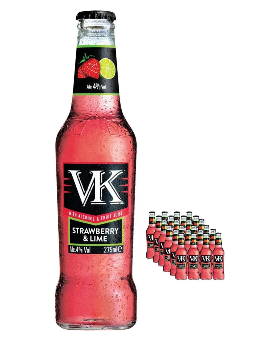 VK Strawberry & Lime multipack featuring a clear glass bottle with a pink liquid, garnished with a strawberry and lime, alongside a pack of 24 smaller bottles.