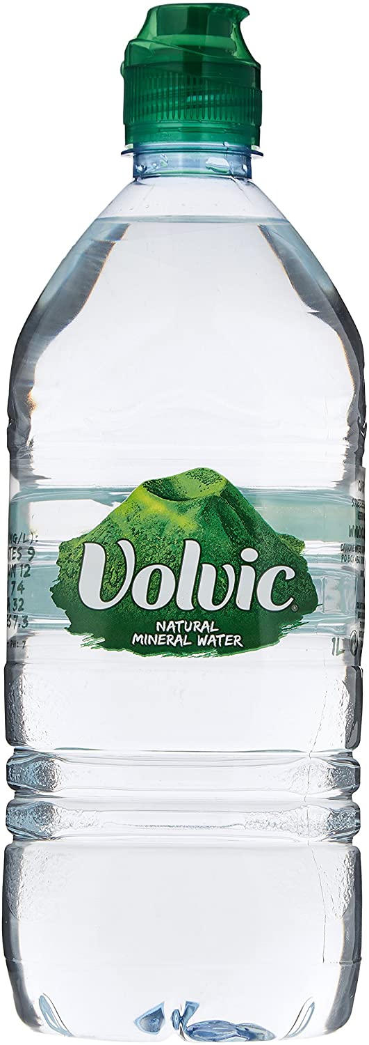 Clear plastic bottle of Volvic natural mineral water, featuring a green sports cap and a label with a green mountain logo and the brand name "Volvic" in white text.