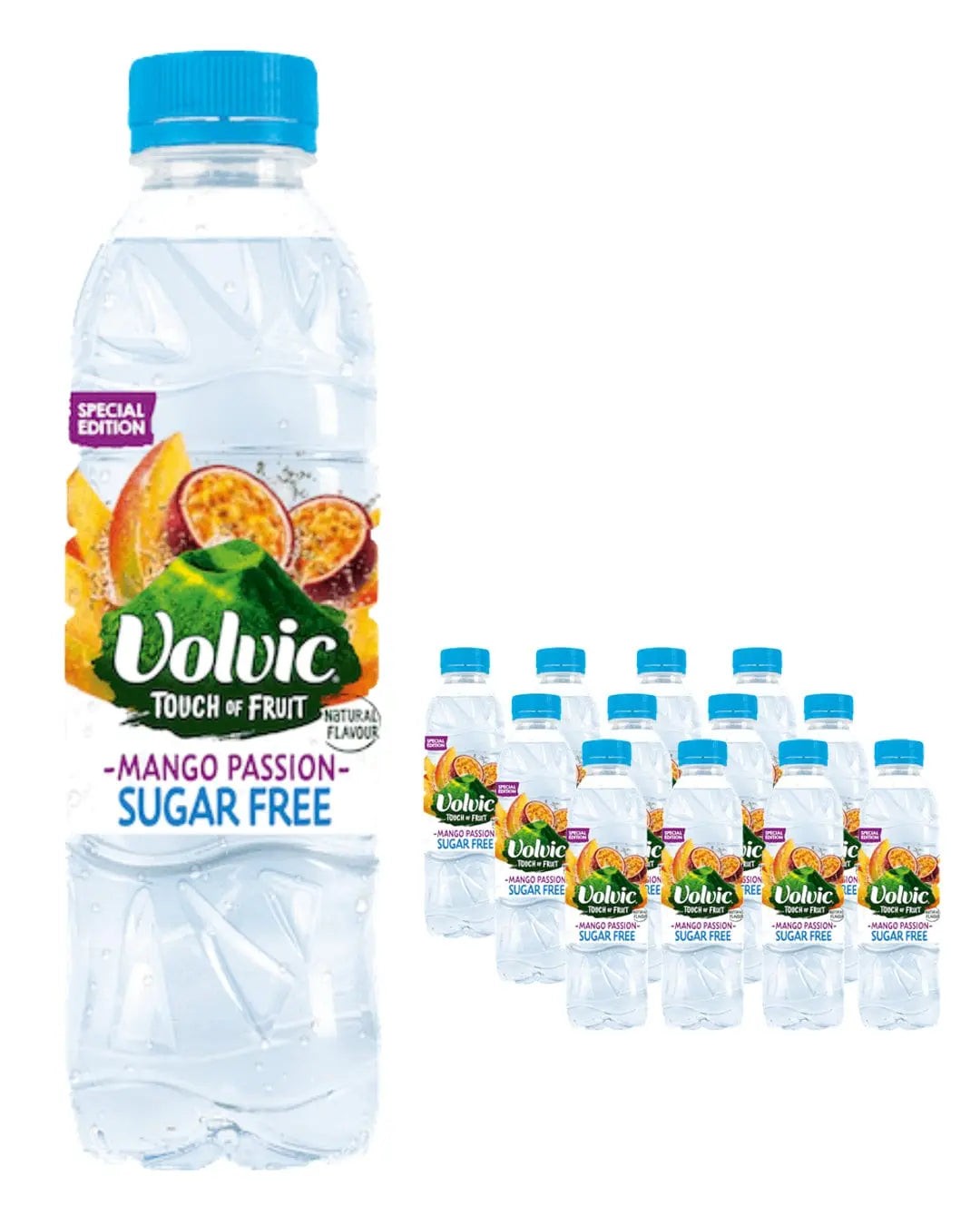 Clear plastic bottles of Volvic Sugar Free Touch of Fruit Mango Passion Flavoured Water, featuring a blue cap and vibrant fruit graphics, arranged in a multipack of 12.