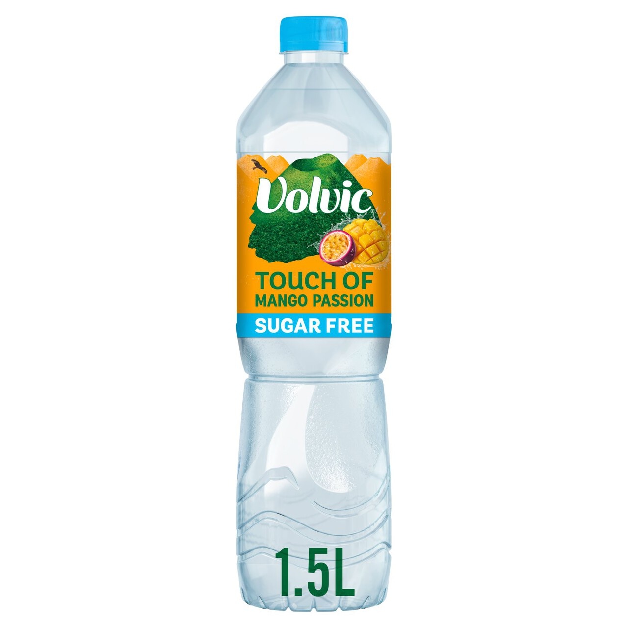 Clear plastic bottle of Volvic Touch of Mango Passion flavored water, featuring a green label with "Sugar Free" and a vibrant fruit design, holding 1.5 liters.
