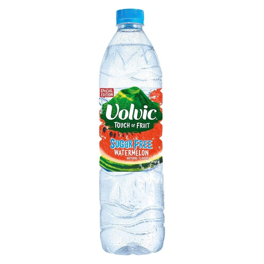 Clear plastic bottle of Volvic Sugar Free Touch of Fruit Watermelon Flavoured Water, featuring a green and red label, with a blue cap and a refreshing, bubbly appearance.